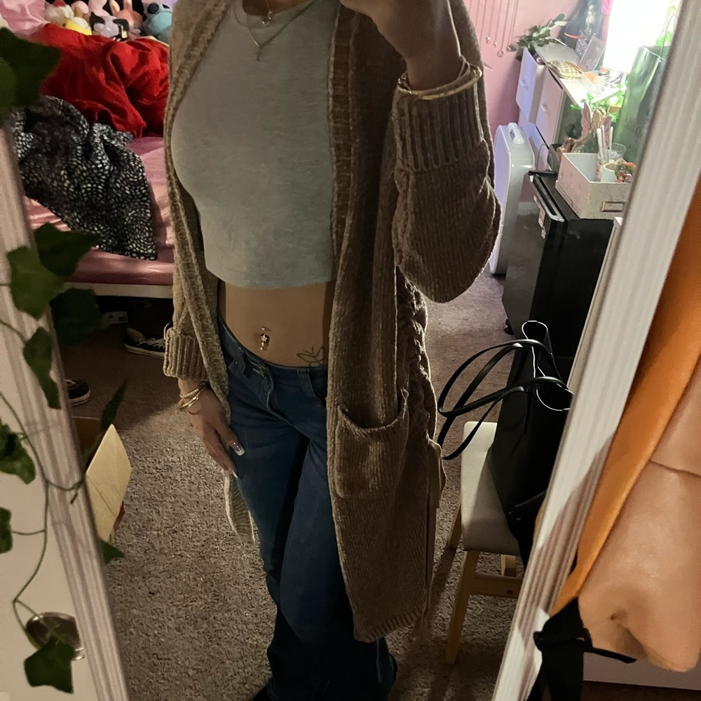 She + Sky Tan Cardigan with Gray Top